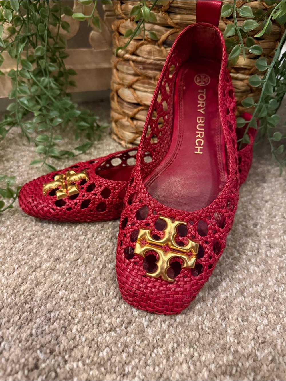 Tory Burch Red Woven Logo Slip-On Flats with Gold Emblem